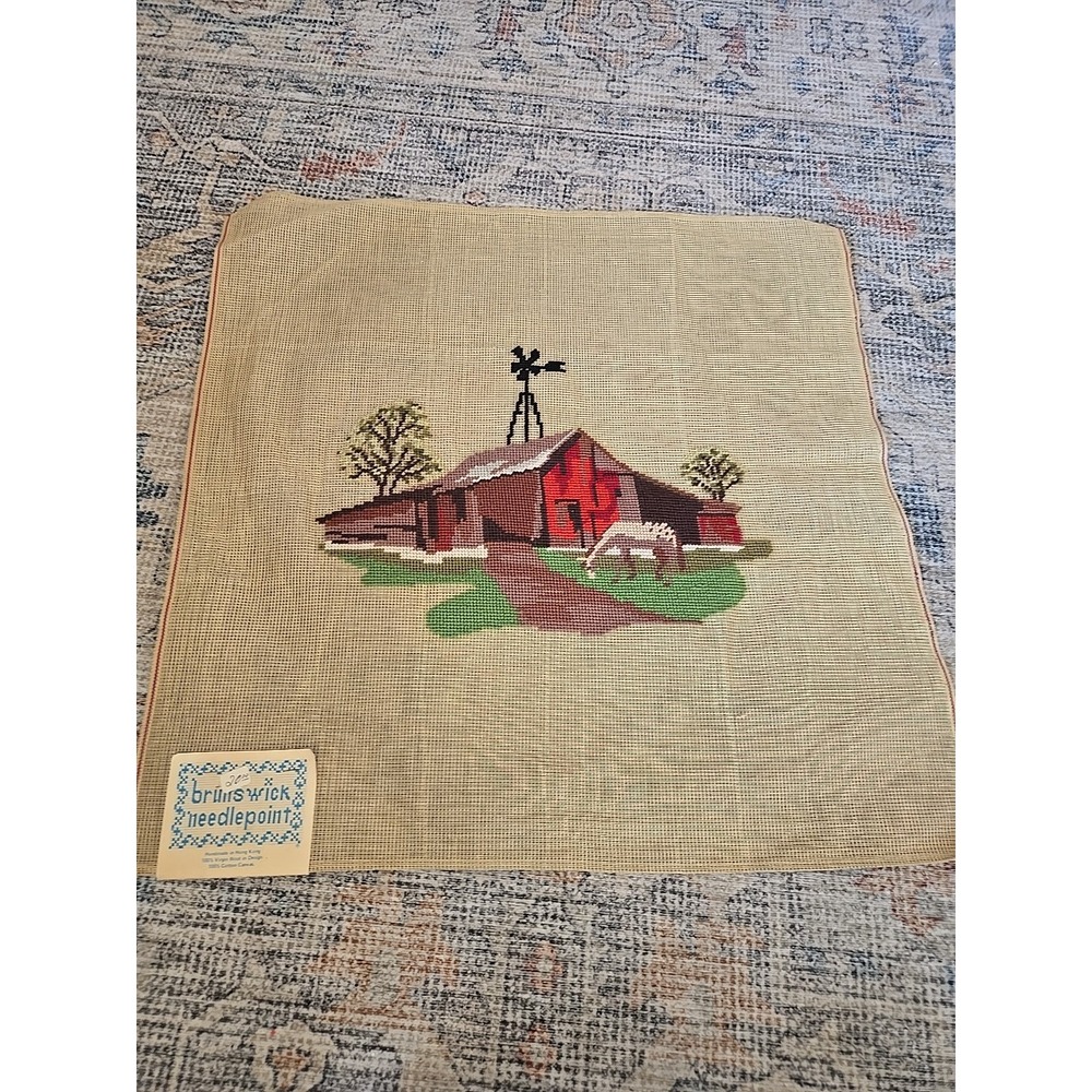 Vintage Brunswick Needlepoint Canvas Preworked Farm Scene Barn Donkey 7298